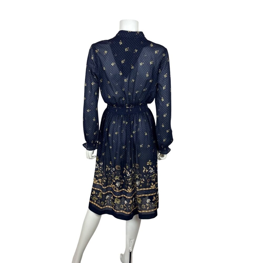Vintage 80s Sheer Dress Womens M Navy Blue Peacock Floral Border Print - Picture 10 of 11